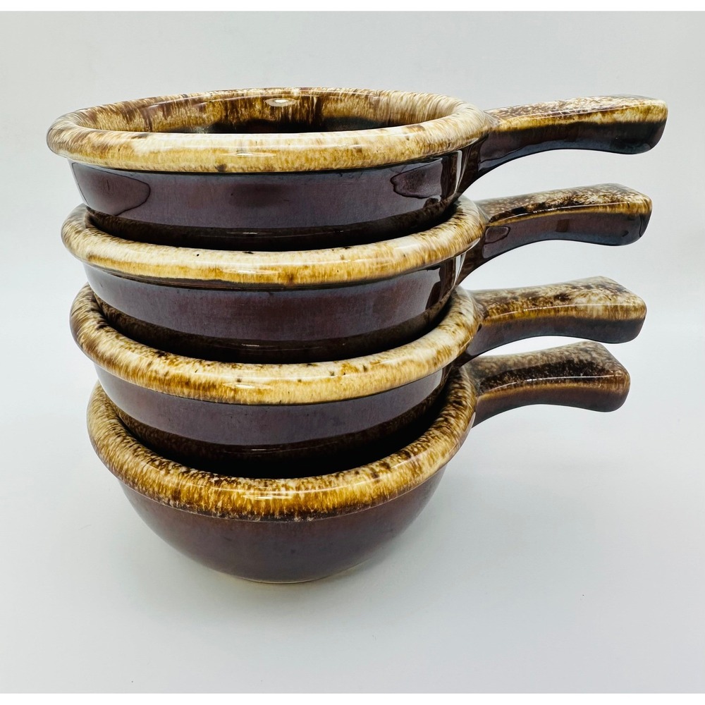 Hull Pottery Mirror Brown Drip Glaze Soup Bowls with Handles Set of 4 USA Vtg